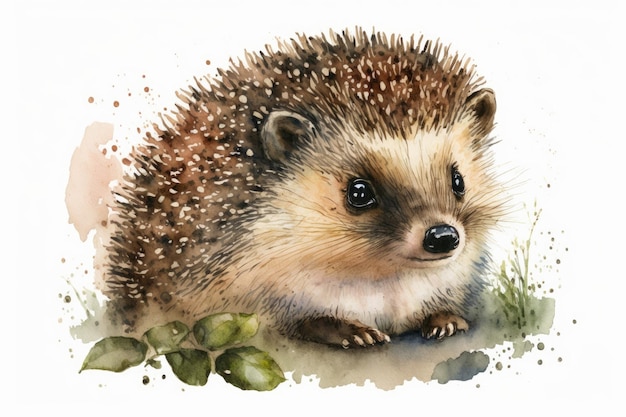 Hand drawn watercolor image of a small cute hedgehog that looks like a real forest animal