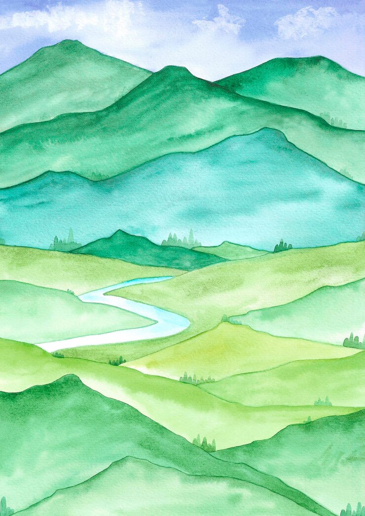 Hand drawn watercolor landscape with green mountains and river isolated on white background Can be used for cards poster and other printed products