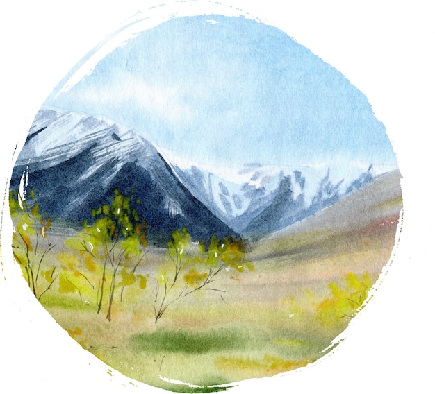 Hand drawn watercolor landscape with mountains