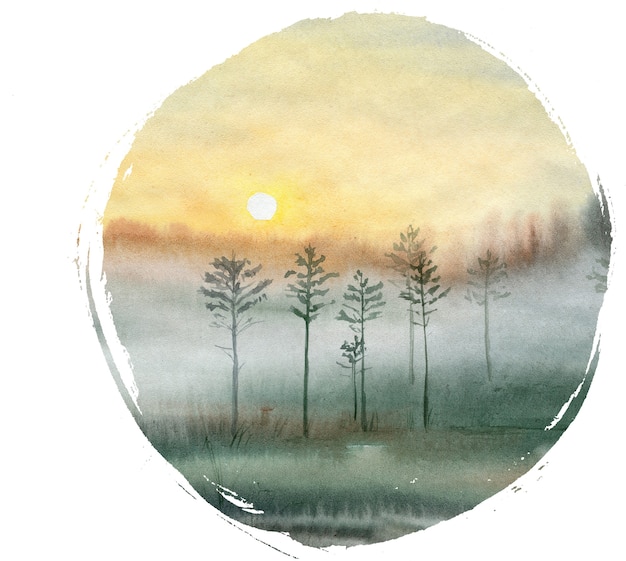 Hand Drawn Watercolor Landscape With Summer in Forest.