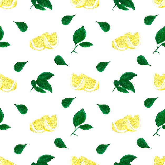 Photo hand drawn watercolor lemon with green leaves seamless pattern on white background scrapbook post card textile fabric