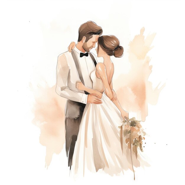 Foto acquerello disegnato a mano in stile minimalista per la cerimonia di nozze di una coppia di amanti dei cartoni animati