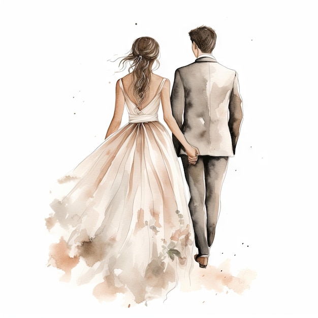 Hand drawn watercolor minimal style cartoon lover couple wedding ceremony