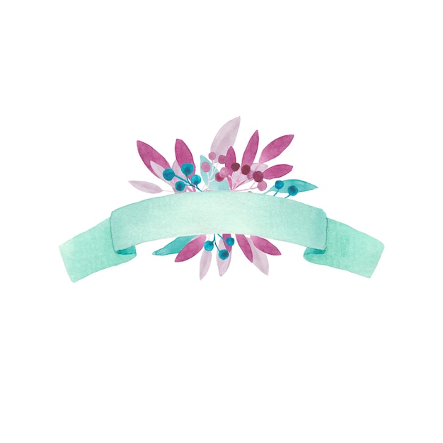 Hand drawn watercolor mint ribbon with mint and pink leaves
purple and blue berries