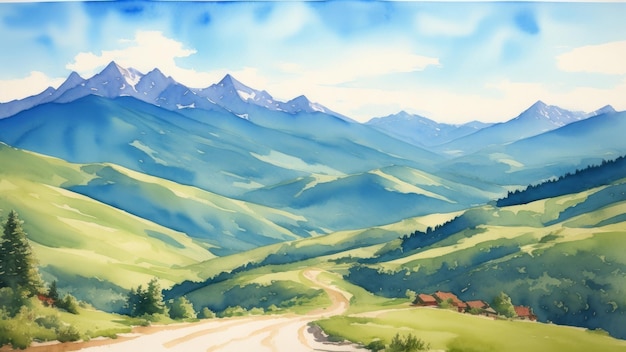 Foto paesaggio di montagna ad acquerello disegnato a mano illustrazione generata da ai