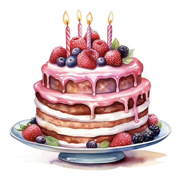 hand drawn watercolor oil painting birthday cake