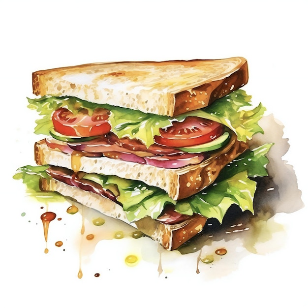 Photo hand drawn watercolor oil painting sandwich