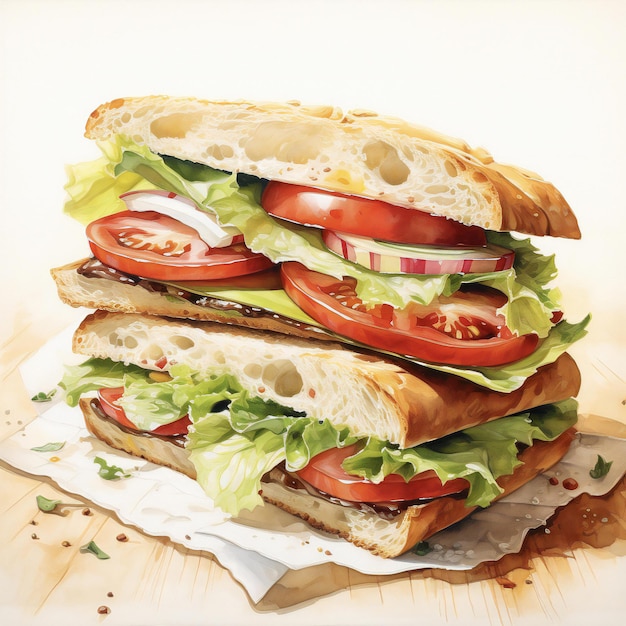 Photo hand drawn watercolor oil painting sandwich