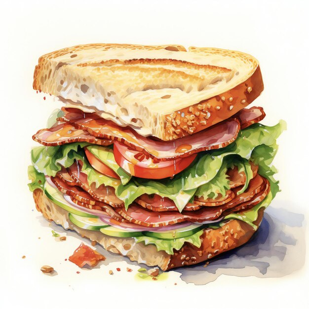 hand drawn watercolor oil painting sandwich