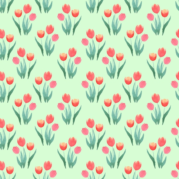 Hand drawn watercolor orange tulips seamless pattern on mint background Can be used for fabric textile giftwrapping
