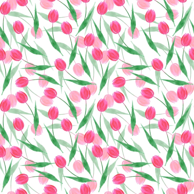 白い背景に手描きの水彩画のピンクの抽象的なチューリップのシームレスなパターンは、ギフトラッピング繊維生地の壁紙に使用できます