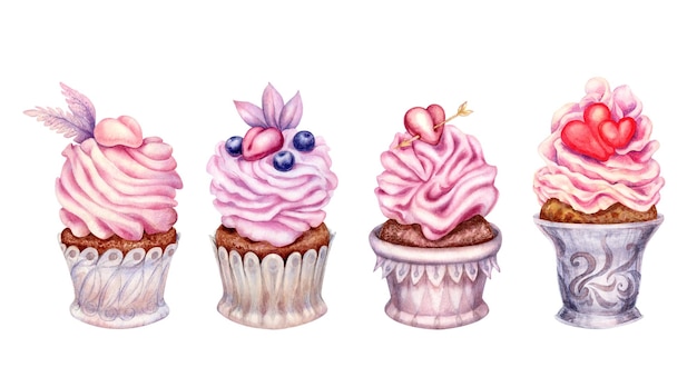 Hand drawn watercolor pink cupcake with heart for valentine, wedding, birthday.