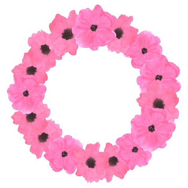 Hand drawn watercolor pink poppy flowers wreath border isolated on white background Can be used for album post card and other printed products