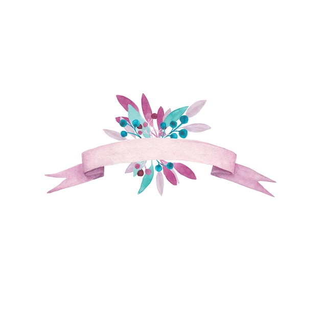 Hand drawn watercolor pink ribbon with mint and pink leaves,\
purple and blue berries