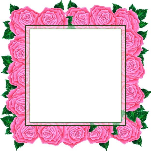 Foto cartolina con cornice rosa rosa acquerello disegnata a mano isolata su sfondo bianco può essere utilizzata per la decorazione di poster di invito e altri prodotti stampati