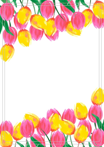 Foto cartolina a acquerello disegnata a mano con tulipani rosa e gialli isolati su sfondo bianco può essere utilizzata per cartoline postali album di inviti al matrimonio