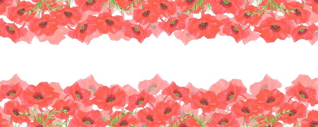 Photo hand drawn watercolor red poppy flowers frame border isolated on white background can be used for banner placard and other printed products