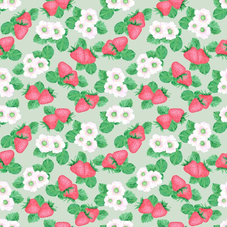 Hand drawn watercolor ripe strawberry with green leaves and blossom seamless pattern isolated on mint background Can be used for textile fabric and other printed products