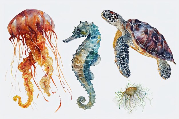 Photo hand drawn watercolor seahorse animals illustration with octopus ocean fish turtle whale jellyfish starfish on white background