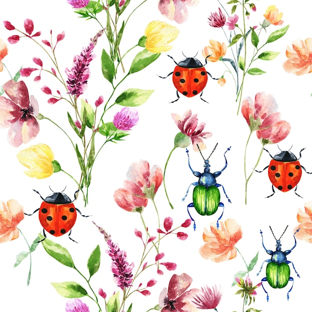 Hand drawn watercolor seamless pattern of bright colorful realistic bug and flowers Mixed media art