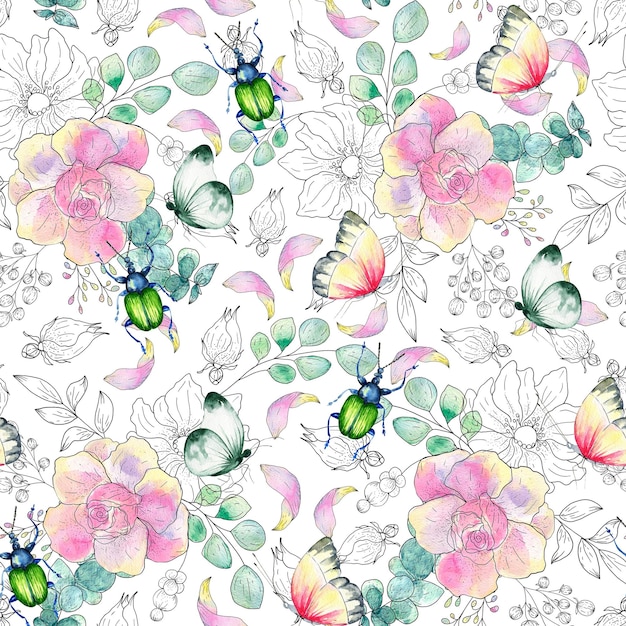 Hand drawn watercolor seamless pattern of bright colorful realistic butterfliesbug and flowers Mixed media art