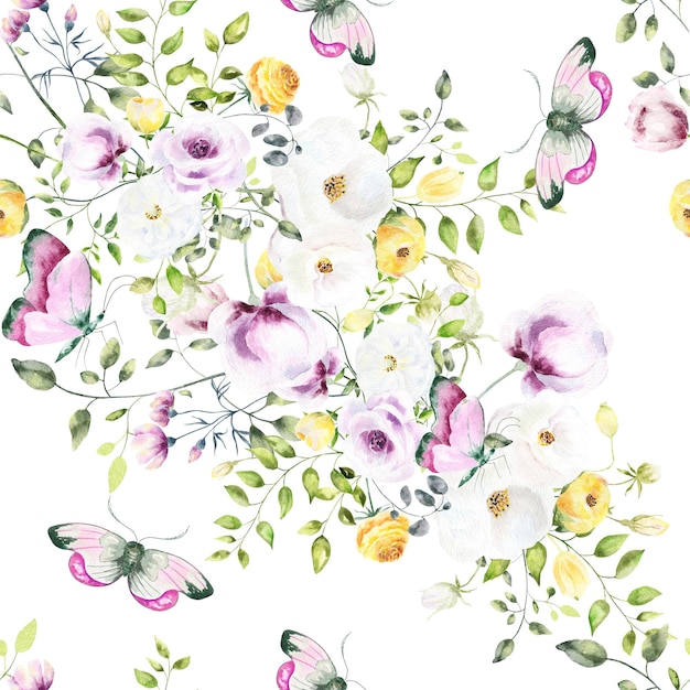 밝고 다채로운 현실적인 나비 스플래쉬버그와 꽃 혼합 미디어 아트의 손으로 그린 수채화 원활한 패턴