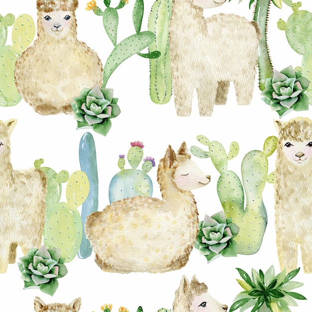 Hand drawn watercolor seamless pattern with llamas and cactuses