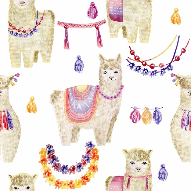 Hand drawn watercolor seamless pattern with llamas