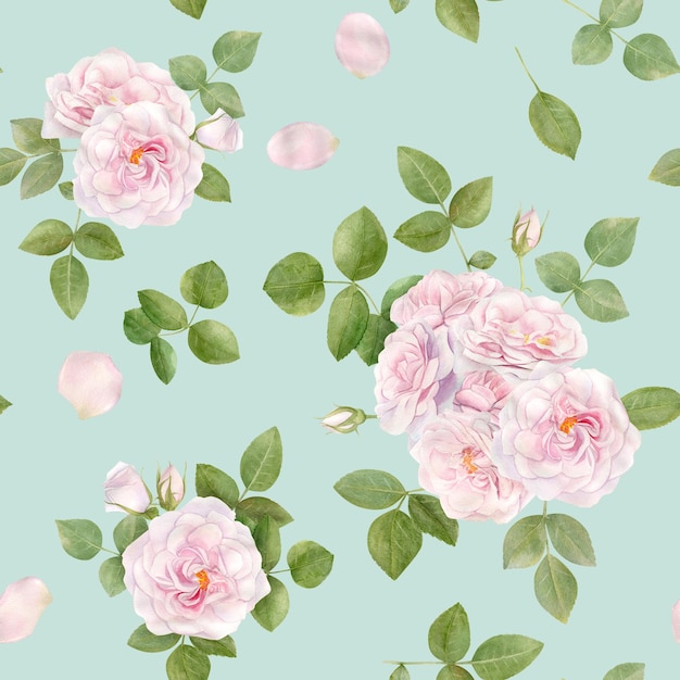 Hand drawn watercolor seamless pattern with pink rose flowers