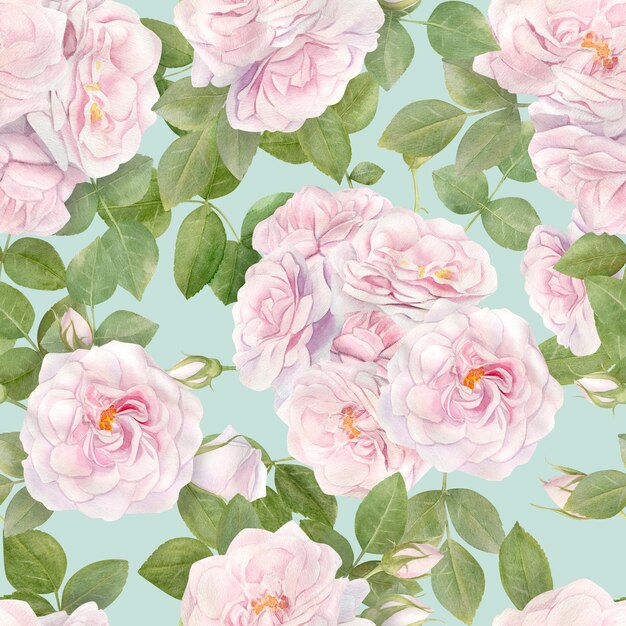 ピンクのバラの花と手描きの水彩画のシームレスなパターン