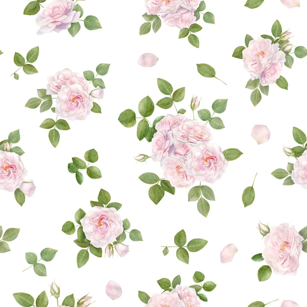 핑크 장미 꽃으로 손으로 그린된 수채화 원활한 패턴