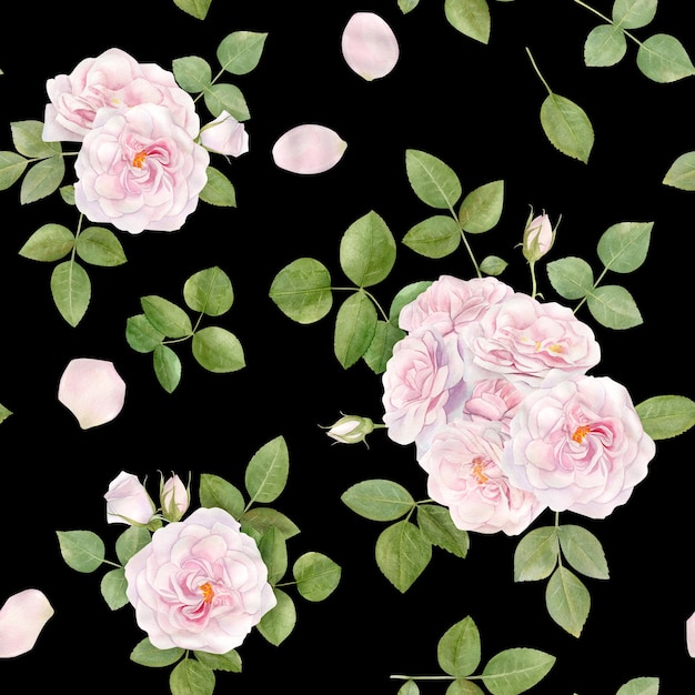 Hand drawn watercolor seamless pattern with pink rose flowers