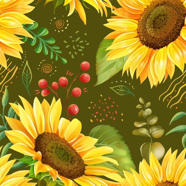 Hand drawn watercolor seamless pattern with sunny yellow sunflowers Happy summer mood