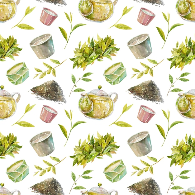 Hand drawn watercolor seamless pattern with teapot dry tea tea leaves cups on white background