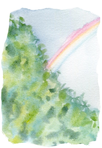 Hand Drawn Watercolor Spring Landscape With Rainbow