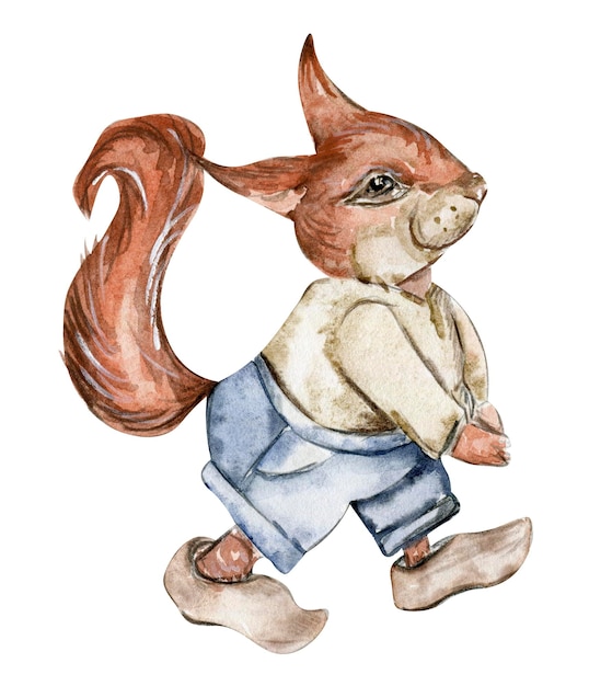 Hand drawn watercolor squirrel. Watercolor hand draw fairy tale illustration. Illustartion with whit