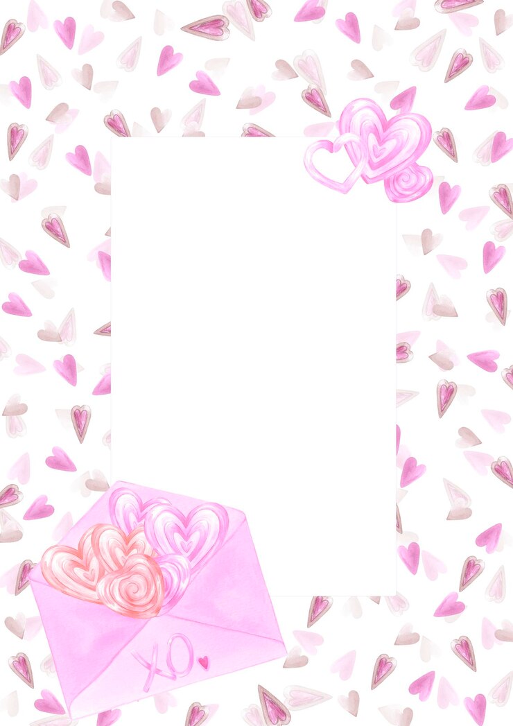 Hand drawn watercolor St Valentine postcard frame border Illustration of hearts and love letter isolated on white background Can be used for postcard cover scrapbook and other printed products