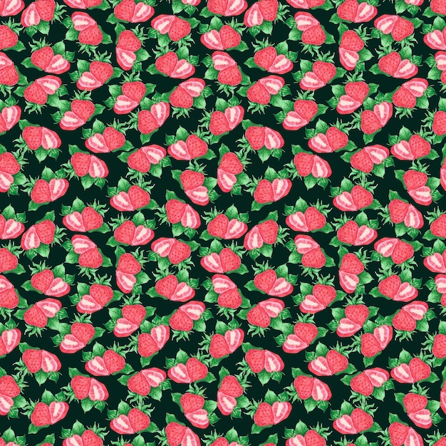 Hand drawn watercolor strawberry seamless pattern isolated on dark background Can be used for textile fabric wrapping and other printed products