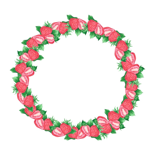 Hand drawn watercolor strawberry wreath border isolated on white background Can be used for cards label and other printed products