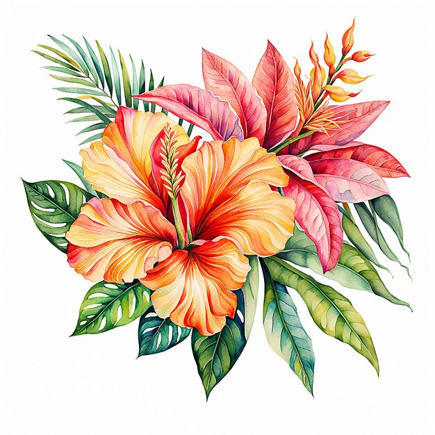 Photo hand drawn watercolor style tropical flower bouquet element isolated on white background