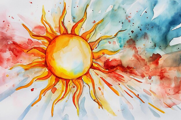 Hand drawn watercolor sun on white background watercolor painting