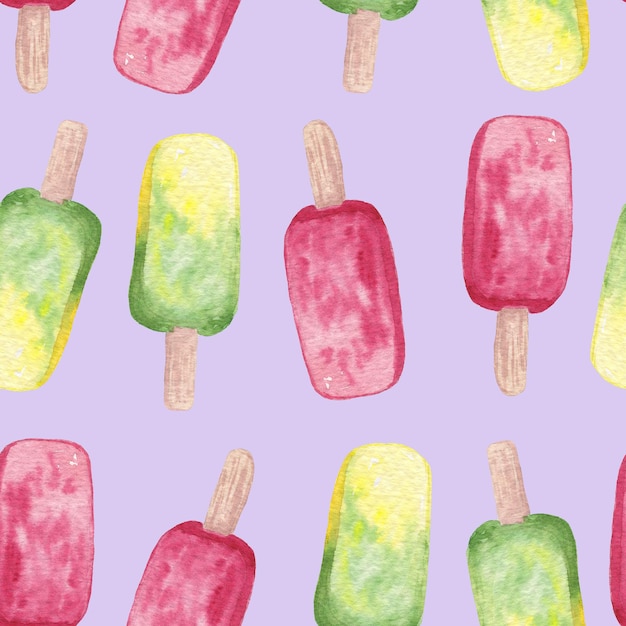 Hand drawn watercolor various fruit ice cream on violet