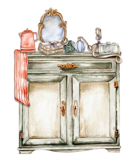 Hand drawn watercolor vintage style kitchen Isolated furniture for interiorVintage interior backgr