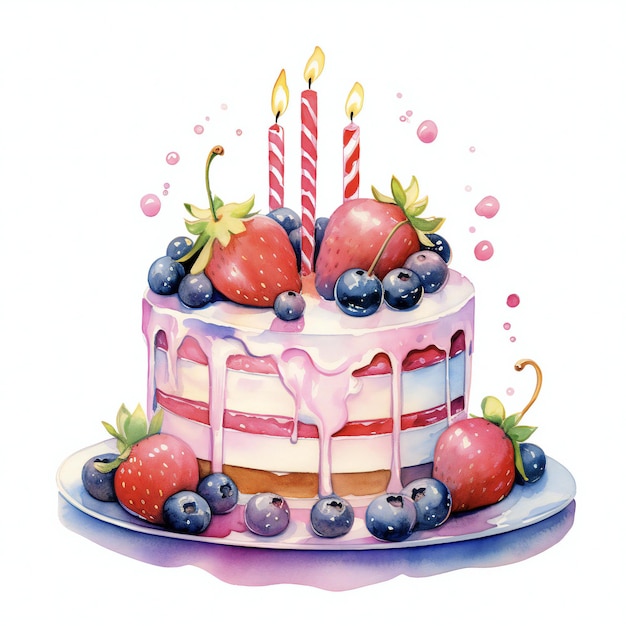 hand drawn watercolor water painting birthday cake