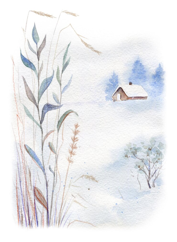 Photo 手描きの水彩画 冬の風景