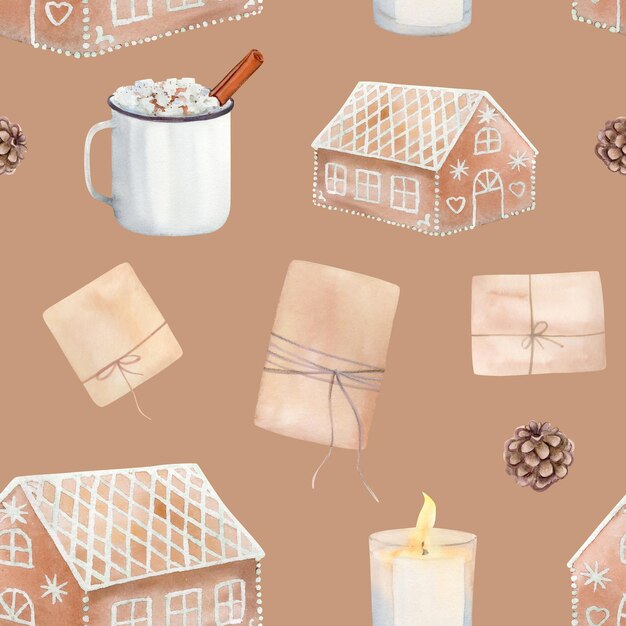 Hand drawn watercolor winter seamless pattern with gingerbread house