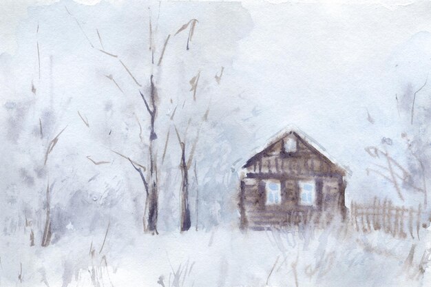 Hand Drawn Watercolor Winter Village Snow Landscape