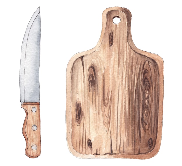 Hand drawn watercolor wooden board and knife