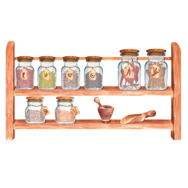 Hand-drawn watercolor wooden shelf with glass jars with condiments paprika turmeric chili cinnamon