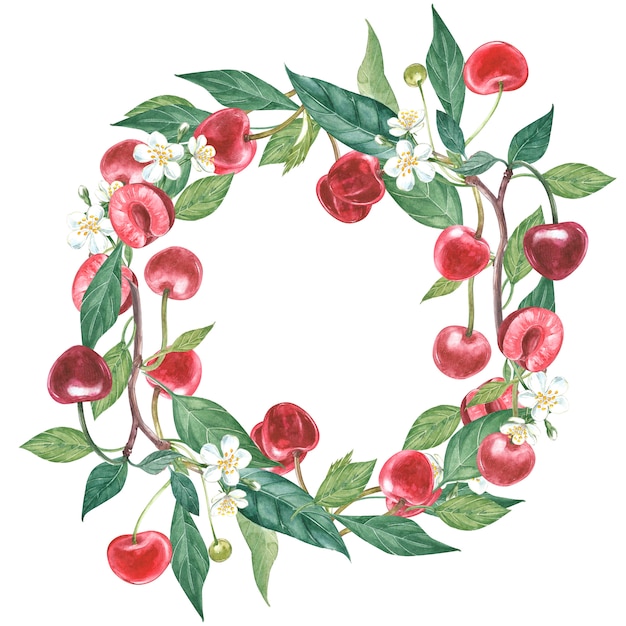 Hand-drawn watercolor wreath of flowers of cherry and leaves